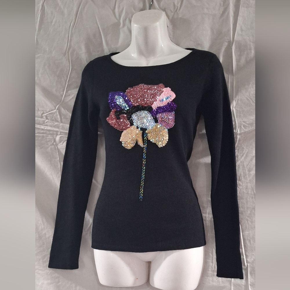 Black Sequin Floral Women's Top
